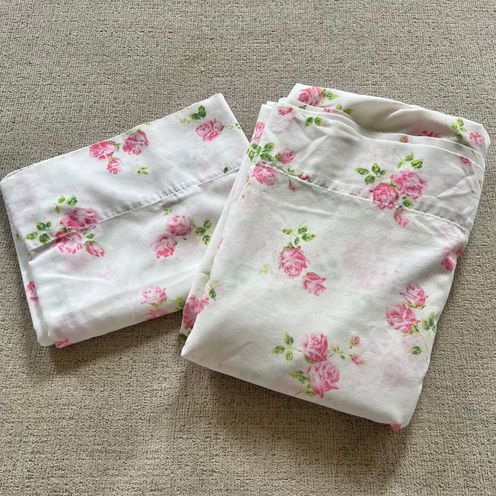 Vintage Dan River Dantrel Pink Rose Floral Muslin Pillowcase & Twin Flat Sheet